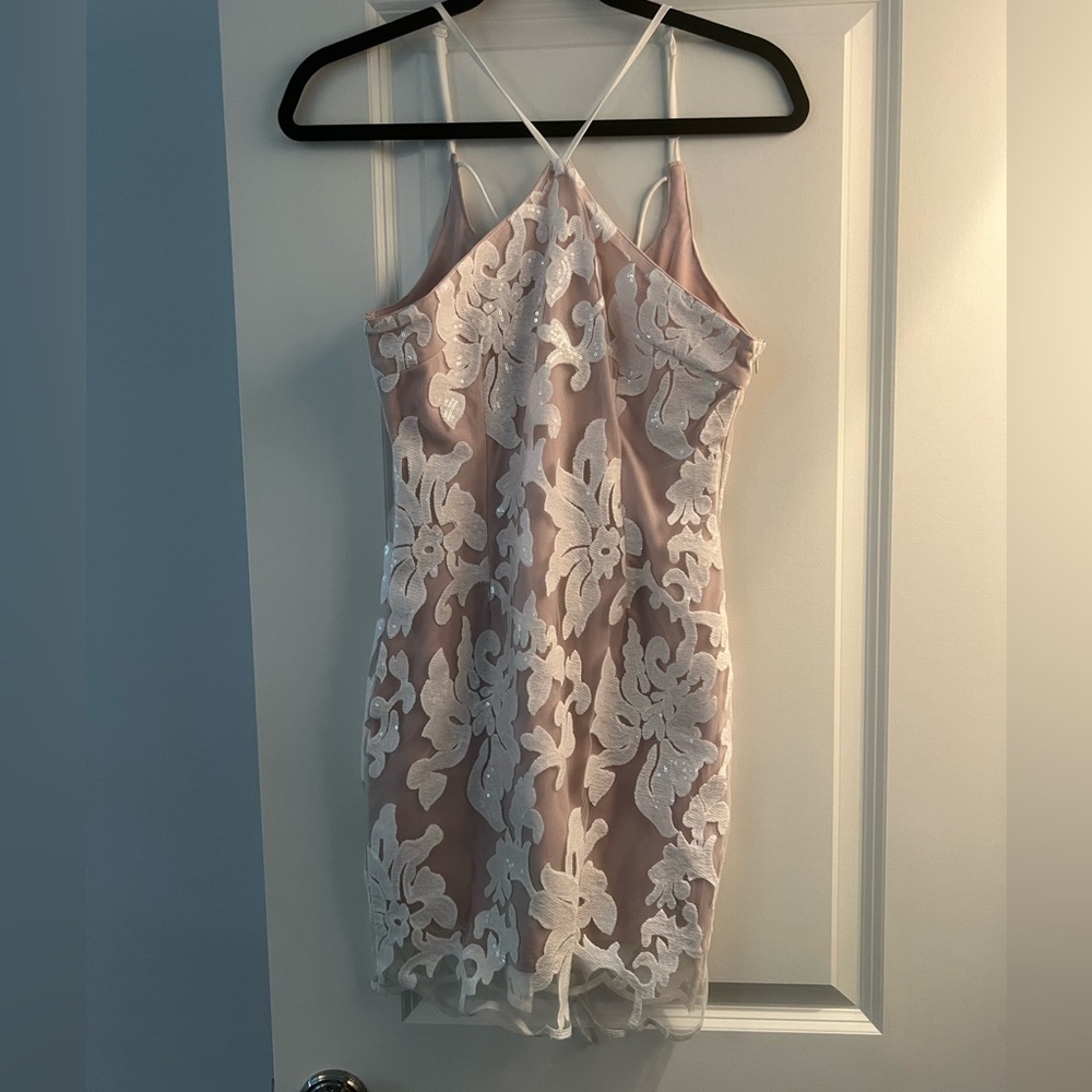 White sequin lace mini dress